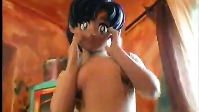 Hawt anime mask doll in shocked pose, nude body exposed, legs spread tease