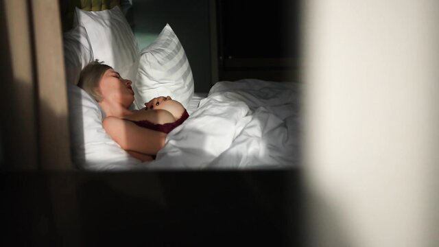 Voyeur shot of hot neighbor sister in red bra asleep on bed