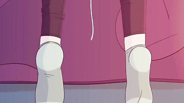 Anime girl in thigh-high socks and panties, closeup of round soles from behind
