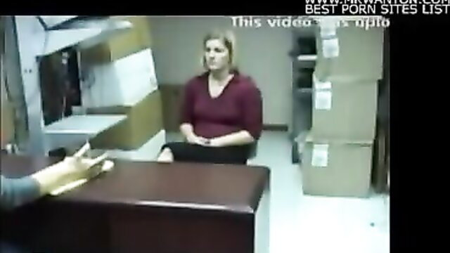 Blonde MILF in tight maroon sweater at job interview back room