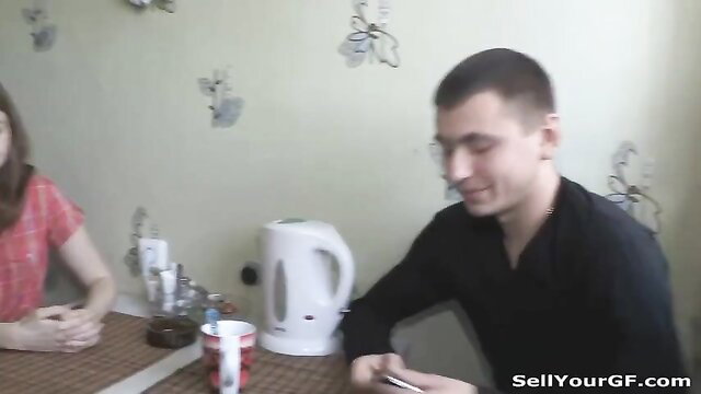 Amateur white teen girl and guy at table in interracial sex for cash Serenity