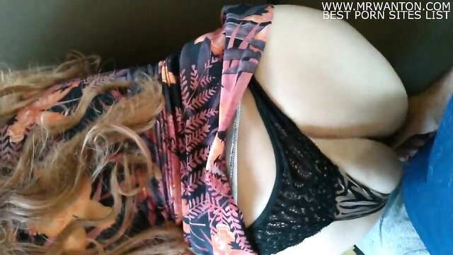 Blonde bombshell in lingerie caught watching porn, fucked hard by guy