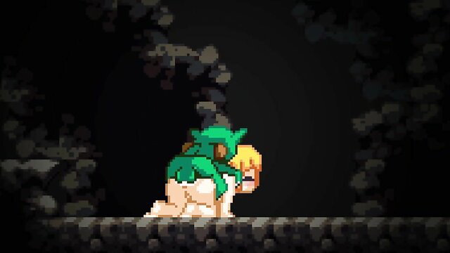 Blonde girl fucked doggystyle by green monster in dark forest hentai game