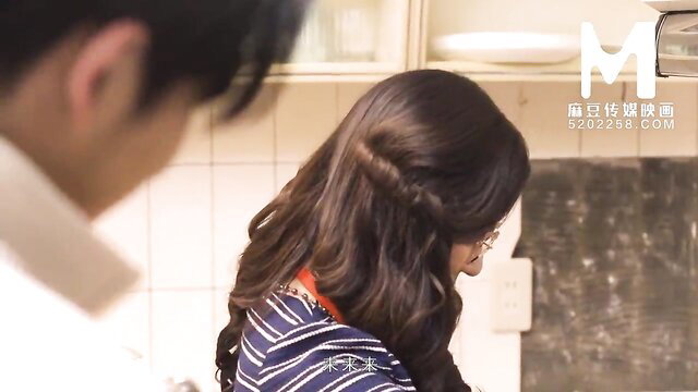 Asian MILF in striped dress cooks with man, Lantern Festival JAV