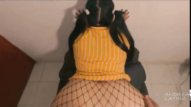 Latina with big ass in fishnets rides cock doggystyle after party