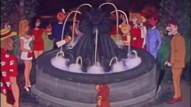 Cartoon characters around a fountain with a black hooded figure