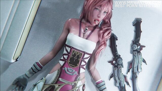 Pink-haired anime hentai girl in sexy white corset licks lips seductively