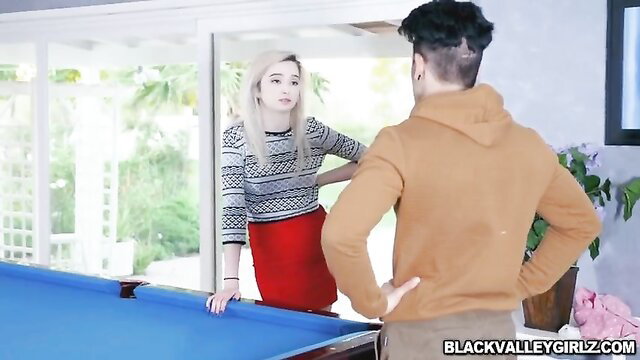 Blonde Maya in striped top & red skirt chats with guy before quick fuck