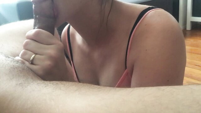 Blonde teen in lingerie sucks lightskin BBC, hand gripping shaft closeup