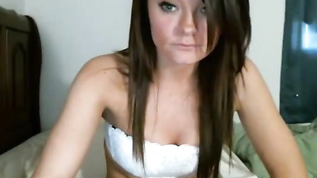 Blackhaired Audrey in white lace strapless bra on live webcam