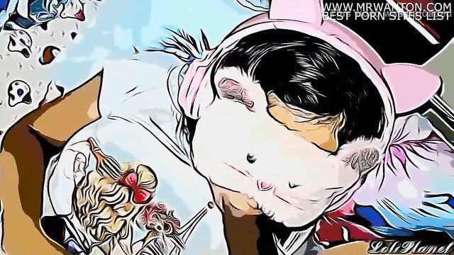 Cartoon niece in cat ears headphones asleep, uncle gropes tits closeup