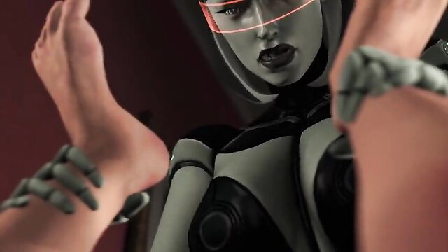 Sexy female android with glowing red eyes grabs bare feet in erotic pose