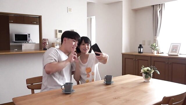 Cute Japanese childhood friend couple selfie in kitchen, amateur JAV tease
