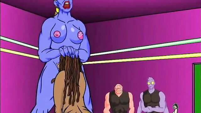 Blue alien superheroine dominates black woman in hentai fight porn