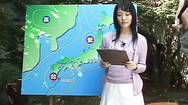 Japanese JAV weather girl in skirt cardigan presents bukkake forecast map