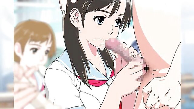 Anime schoolgirl sucking cock with friend watching in hentai vid