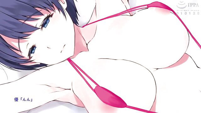 Blue-haired anime wife in red string bikini, huge tits exposed, seductive pose