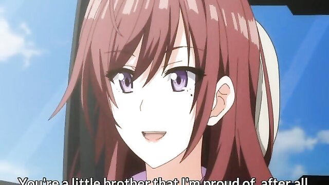 Cute anime redhead big sis smiles proudly at little brother in hentai