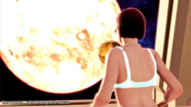 3D hentai babe in bikini watches fiery sun & planet from spaceship viewport