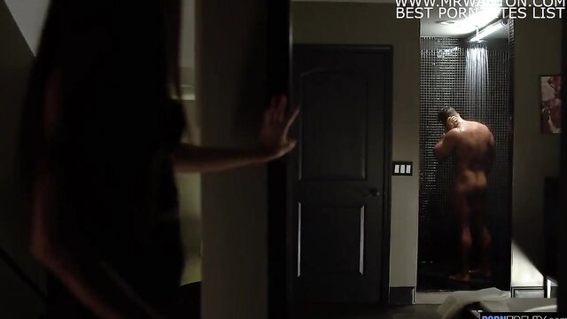 Eliza Ibarra watches nude man shower from door in Imaginary Suitor