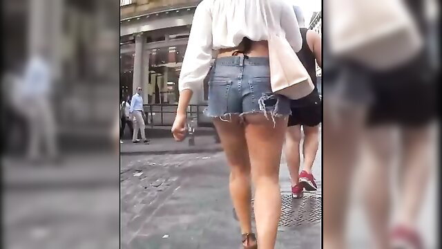 Hot blonde in ripped denim shorts upskirt walk, juicy ass tease