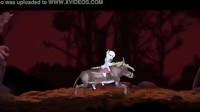 Anime girl rides unicorn in dark forest, Alps Dangerous Forest game over scene