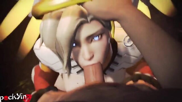 Mercy from Overwatch deepthroats cock in closeup POV blowjob
