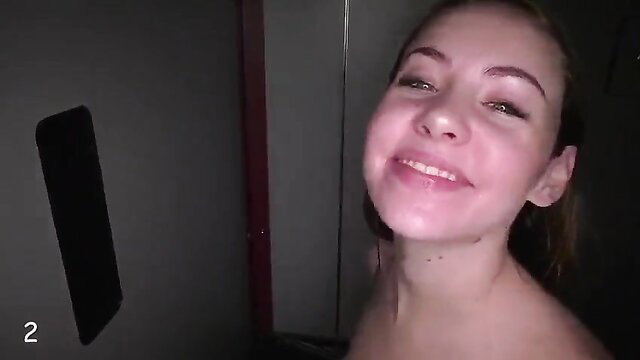 Smiling blonde teen closeup in dim light, bare shoulders nude tease