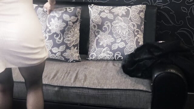 Hot wife whore in white mini dress and stockings bends over couch