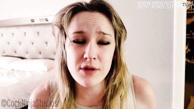 Jealous blonde stepmom with teary eyes begs son to impregnate her