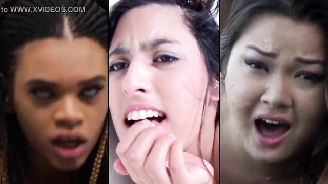 Three multiethnic women with diverse hair in orgasmic ecstasy