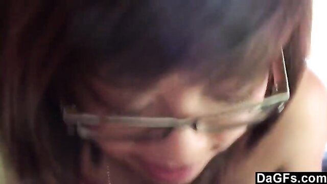 Amateur Asian girlfriend in glasses closeup oral POV