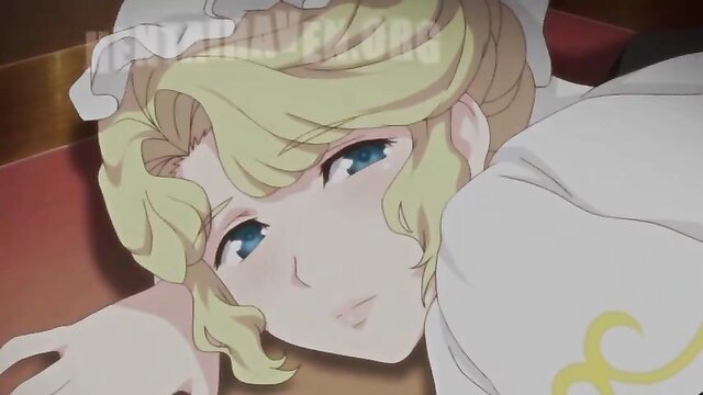 Blonde Victorian maid Maria in frilly white dress, seductive blue eyes gaze