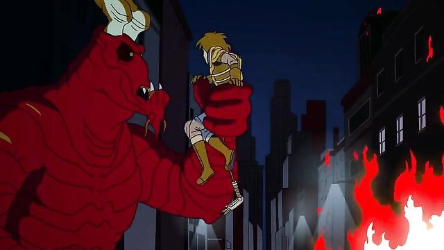 Red demon monster grabs bound blonde twink in fiery XXXtreme Ghostbusters tentacle hentai scene