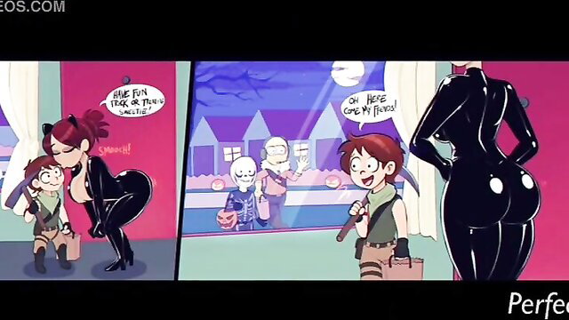 Redhead catwoman in latex trick-or-treats with brother on Halloween night