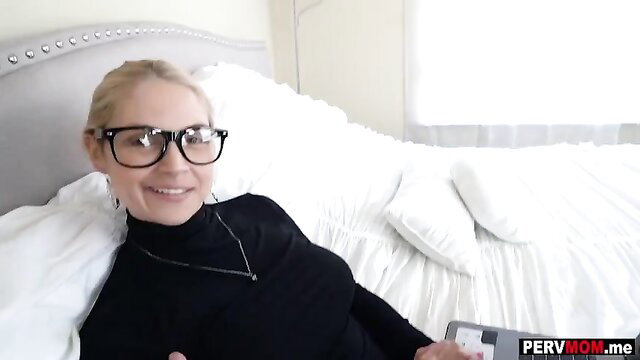 Sarah Vandella blonde MILF stepmom in turtleneck on bed
