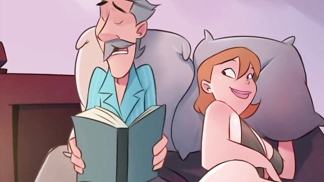 Older man reading book with smiling redhead in lingerie beside him