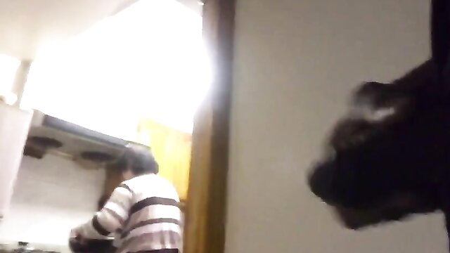 Chinese granny flashes in kitchen morning, amateur elderly tease