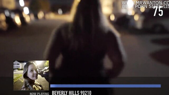 Beverly Hills 90210 porn parody thumbnail with busty brunette in sexy dress