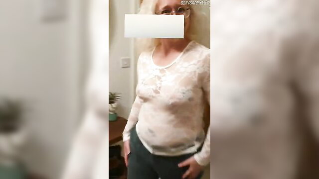 Blonde MILF Libby flashing in sheer top and pants, amateur tease