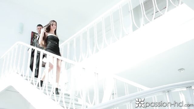 Passion-HD couple in tight black dress on stairs, rough anal tease
