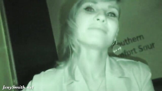 Jeny Smith flashing hose upskirt at bar in green night vision