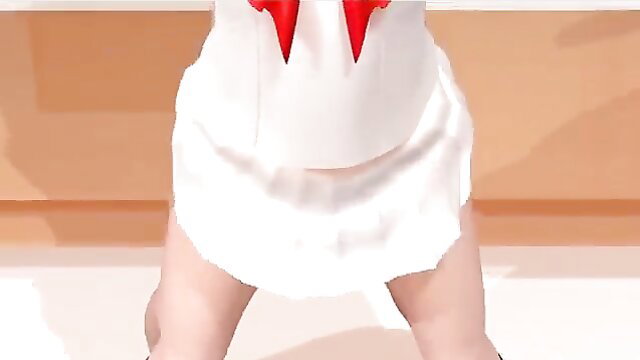 Japanese JAV girl in white micro dress with red devil horns squats teasing upskirt