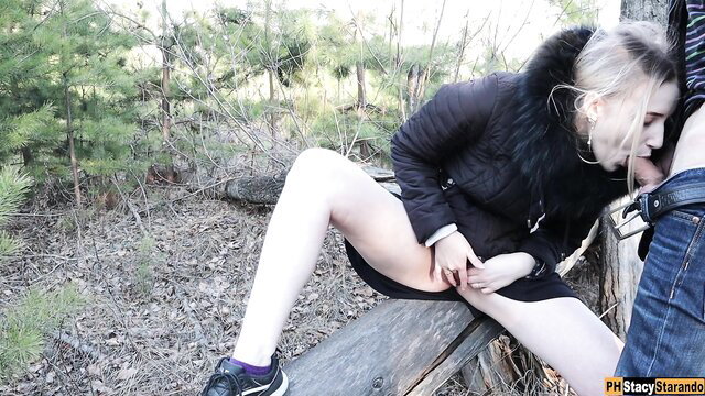 Blonde amateur teen masturbating in forest caught and fucked by stranger