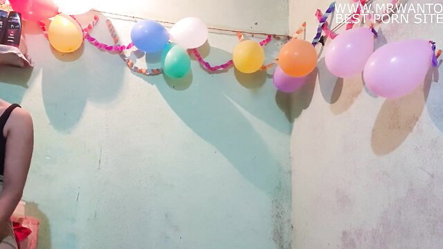 Puja in colorful balloon birthday room, hot Indian amateur tease