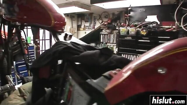 Blond sweetheart in garage bent over red bikes for 2 long cocks - Bang