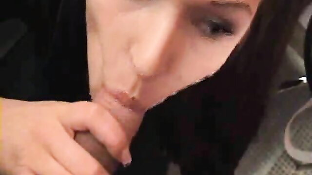 Hot brunette giving messy blowjob, cum on lips closeup