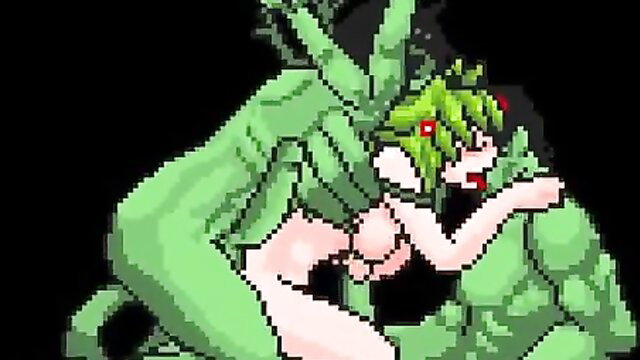 Pixel art green alien girl fucked by monster in Anthophobia game