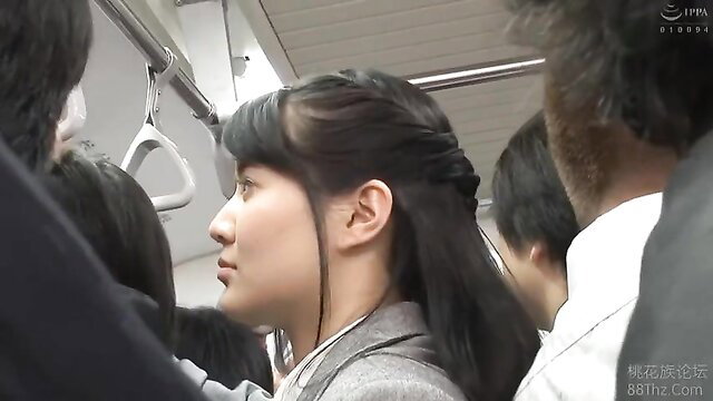 Crowded JAV bus molestation, pretty Japanese girl profile view