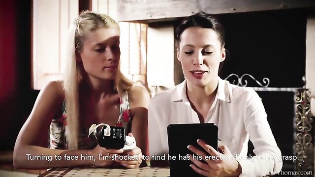 Nikita Bellucci shocked turning to face him with erect cock in Viv Thomas lesbian scene